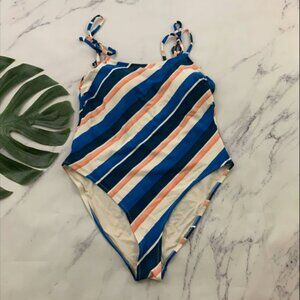 Lemlem x H&M Womens One Piece Swimsuit Size L Blue Pink Stripe High Leg Ties